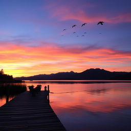 A serene sunset over a tranquil lake, with vibrant shades of orange, pink, and purple reflecting on the water's surface