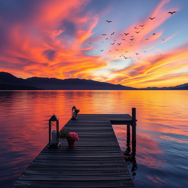 A serene sunset over a tranquil lake, with vibrant shades of orange, pink, and purple reflecting on the water's surface