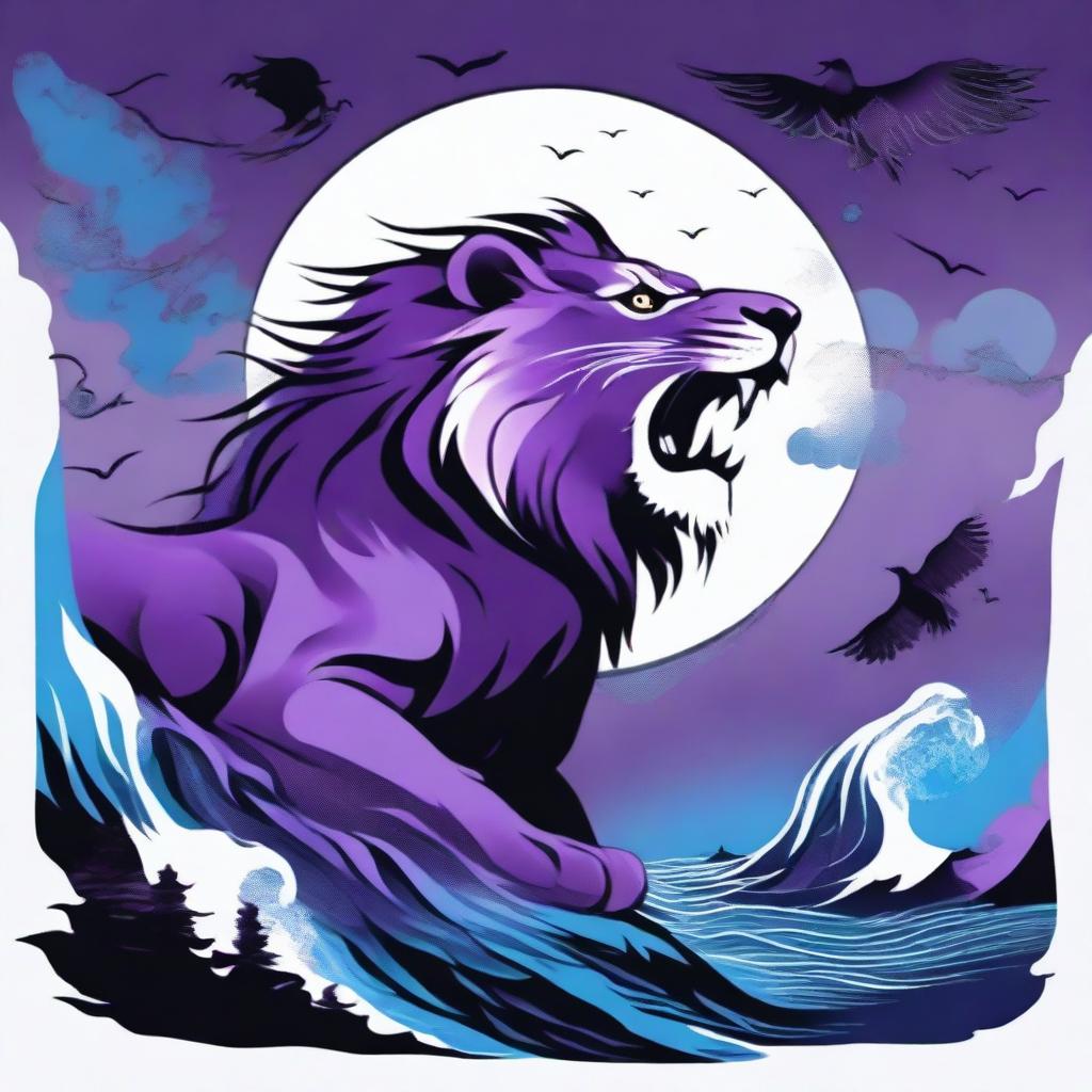 2D tattoo-style image of a roaring lion in profile, positioned on a cliff, surrounded by black crows and blue flame amidst a stormy purple night sky with a full moon, gusty winds and a foggy waterfall