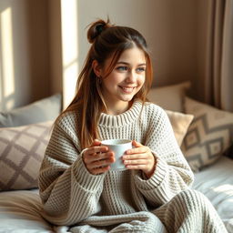 A beautiful 18-year-old brown-haired girl with long hair tied up, sitting on a bed and enjoying a cup of coffee