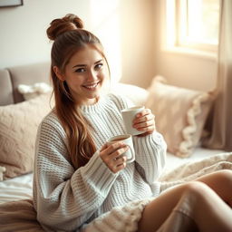 A beautiful 18-year-old brown-haired girl with long hair tied up, sitting on a bed and enjoying a cup of coffee