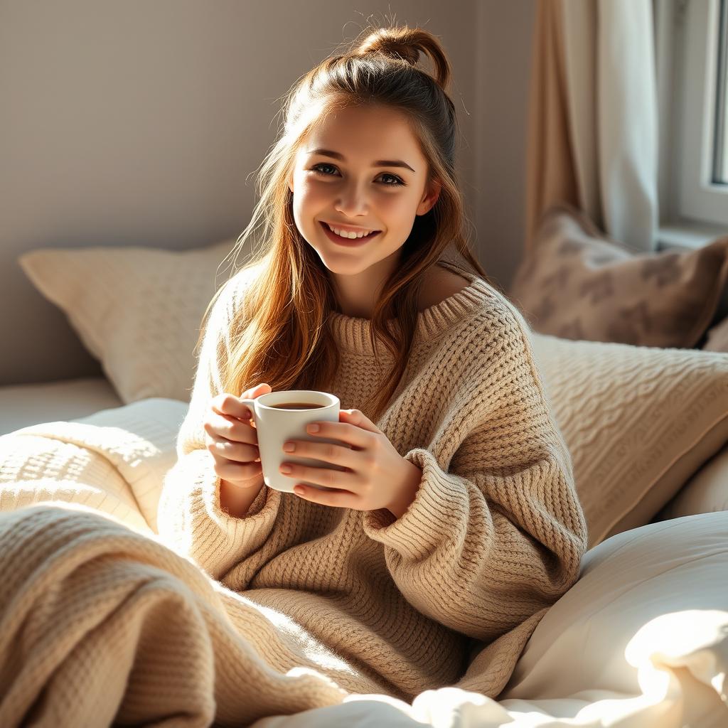 A beautiful 18-year-old brown-haired girl with long hair tied up, sitting on a bed and enjoying a cup of coffee