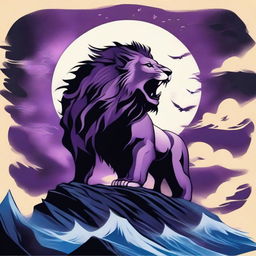 2D tattoo-style image of a roaring lion in profile, positioned on a cliff, surrounded by black crows and blue flame amidst a stormy purple night sky with a full moon, gusty winds and a foggy waterfall