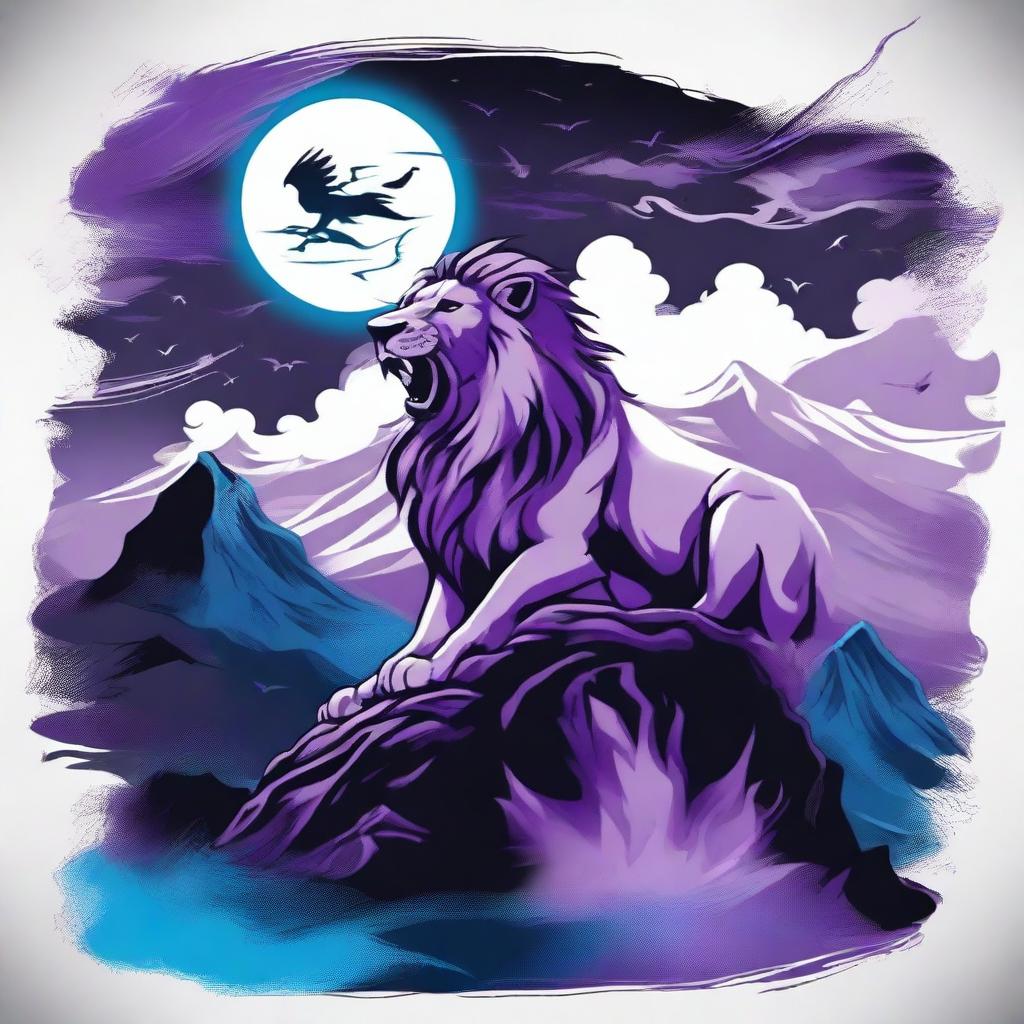 2D tattoo-style image of a roaring lion in profile, positioned on a cliff, surrounded by black crows and blue flame amidst a stormy purple night sky with a full moon, gusty winds and a foggy waterfall