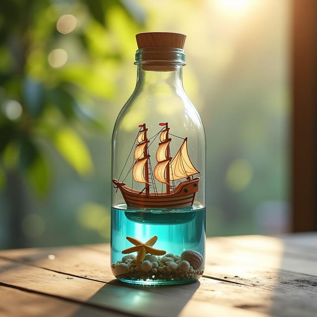 A whimsical scene featuring a small, intricately designed ship made of colorful wood, floating inside a transparent water bottle