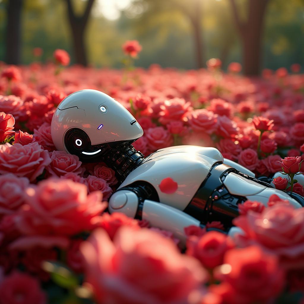 A futuristic robot lying comfortably in a vibrant bed of red and pink roses, with petals scattered all around