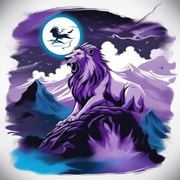 2D tattoo-style image of a roaring lion in profile, positioned on a cliff, surrounded by black crows and blue flame amidst a stormy purple night sky with a full moon, gusty winds and a foggy waterfall