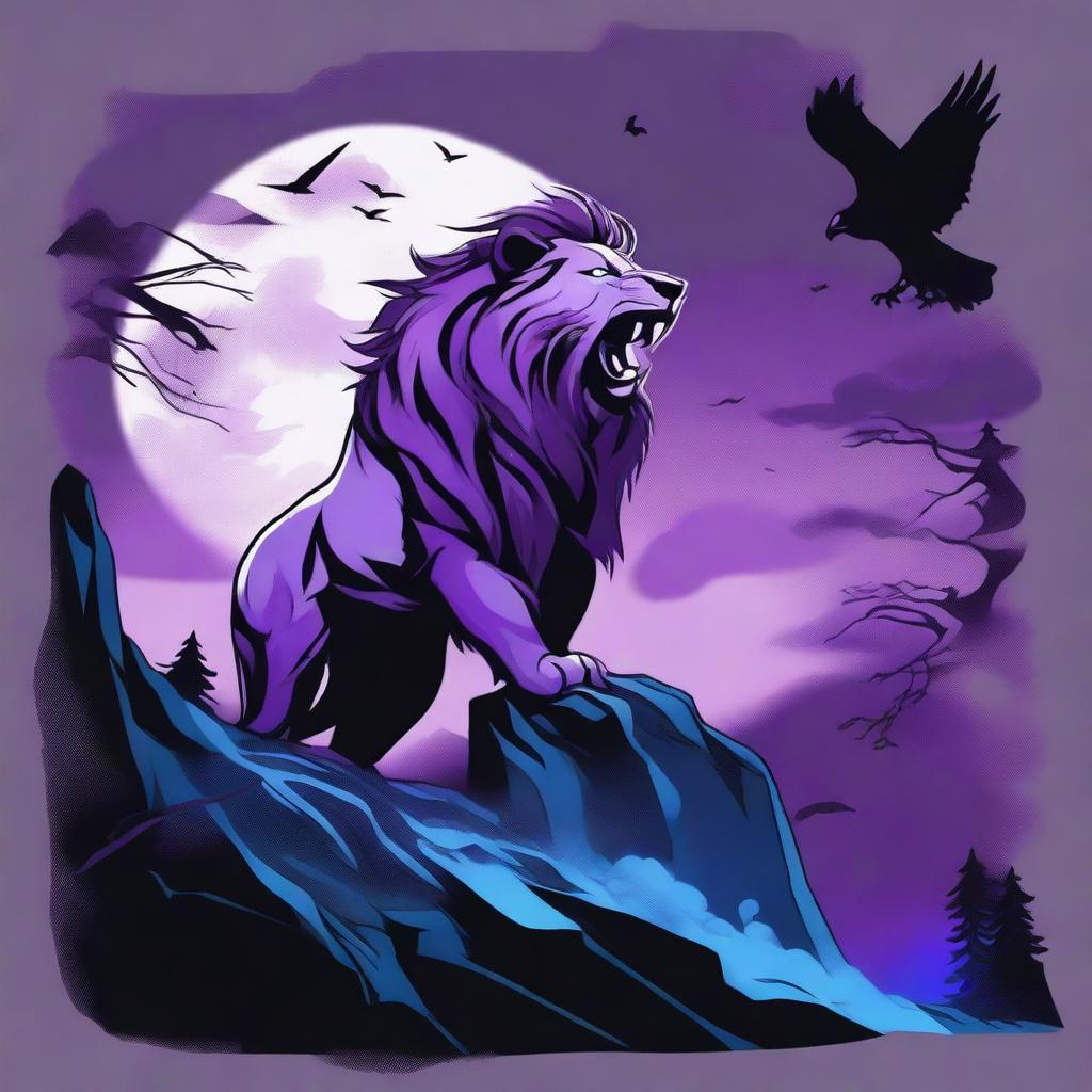 2D tattoo-style image of a roaring lion in profile, positioned on a cliff, surrounded by black crows and blue flame amidst a stormy purple night sky with a full moon, gusty winds and a foggy waterfall