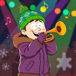 A vibrant and detailed illustration of Kyle Broflovski, a character from South Park, passionately playing his trumpet onstage