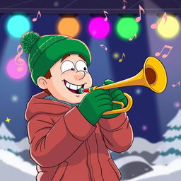 A vibrant and detailed illustration of Kyle Broflovski, a character from South Park, passionately playing his trumpet onstage