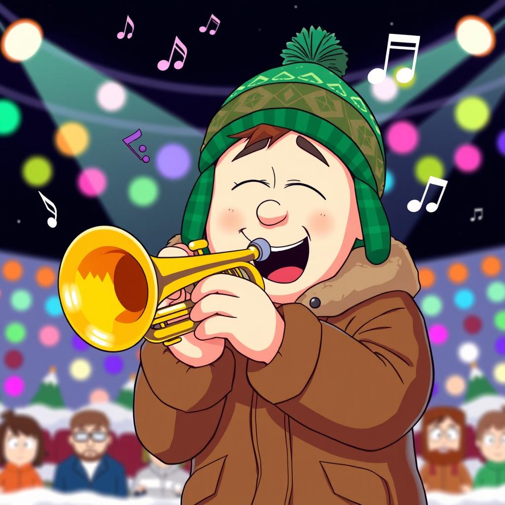 A vibrant and detailed illustration of Kyle Broflovski, a character from South Park, passionately playing his trumpet onstage