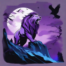 2D tattoo-style image of a roaring lion in profile, positioned on a cliff, surrounded by black crows and blue flame amidst a stormy purple night sky with a full moon, gusty winds and a foggy waterfall