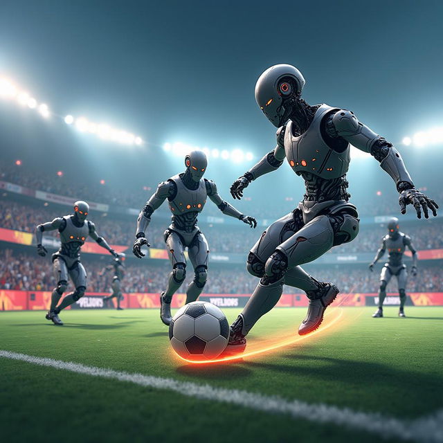 A dynamic scene of futuristic robots playing soccer in a vibrant stadium filled with cheering fans