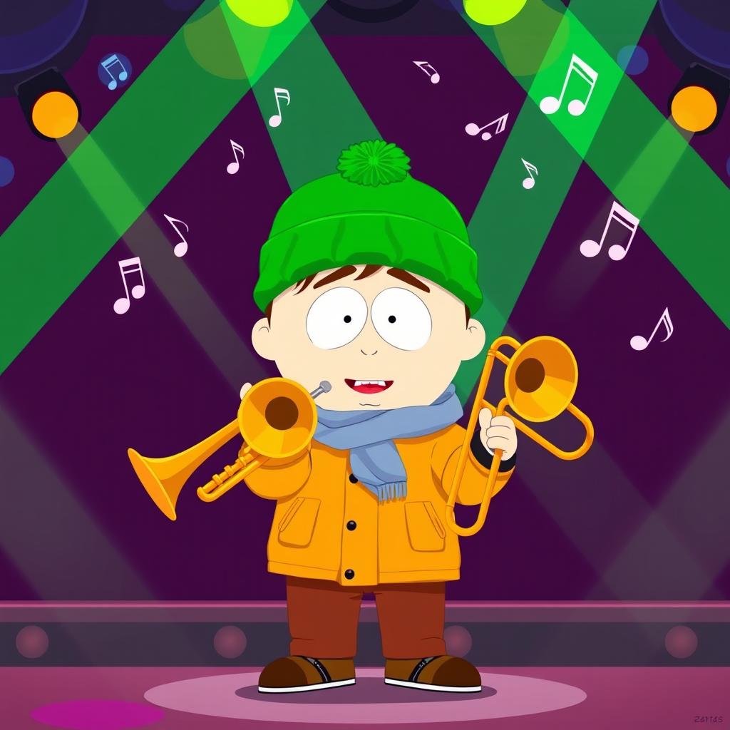 A vibrant and dynamic illustration of Kyle Broflovski from South Park, standing confidently on stage with both a trumpet and a trombone in hand