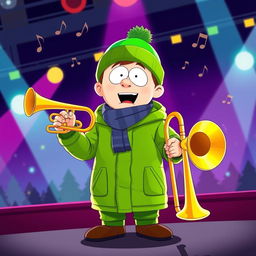 A vibrant and dynamic illustration of Kyle Broflovski from South Park, standing confidently on stage with both a trumpet and a trombone in hand