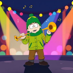 A vibrant and dynamic illustration of Kyle Broflovski from South Park, standing confidently on stage with both a trumpet and a trombone in hand