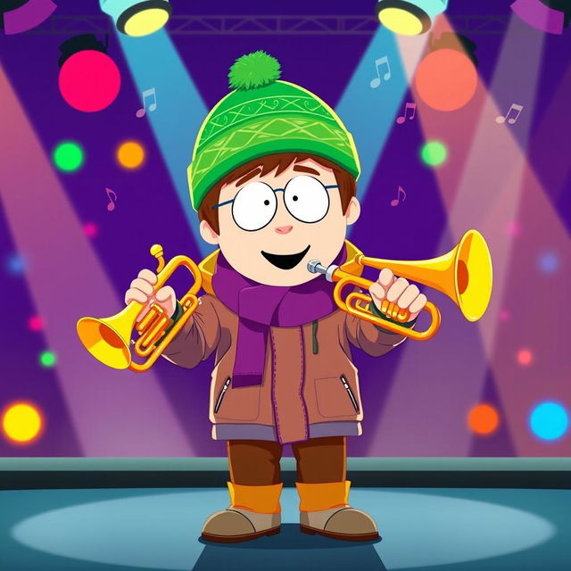 A vibrant and dynamic illustration of Kyle Broflovski from South Park, standing confidently on stage with both a trumpet and a trombone in hand