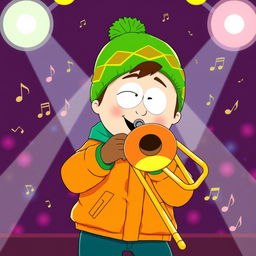 A colorful and energetic illustration of Kyle Broflovski from South Park, enthusiastically playing a trombone on stage