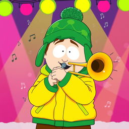 A colorful and energetic illustration of Kyle Broflovski from South Park, enthusiastically playing a trombone on stage