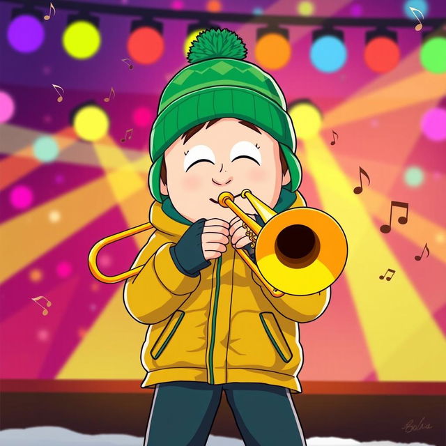 A colorful and energetic illustration of Kyle Broflovski from South Park, enthusiastically playing a trombone on stage