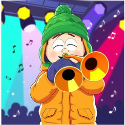 A colorful and energetic illustration of Kyle Broflovski from South Park, enthusiastically playing a trombone on stage