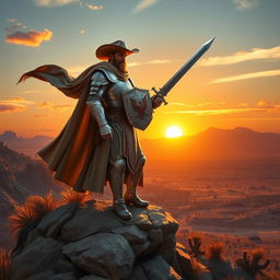 A heroic cowboy paladin standing tall atop a rocky cliff in a vast desert landscape, wearing a gleaming silver armor adorned with intricate engravings of mythical creatures, a wide-brimmed hat, and a long flowing cape that flaps in the wind