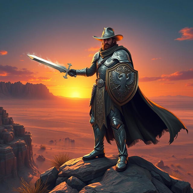 A heroic cowboy paladin standing tall atop a rocky cliff in a vast desert landscape, wearing a gleaming silver armor adorned with intricate engravings of mythical creatures, a wide-brimmed hat, and a long flowing cape that flaps in the wind