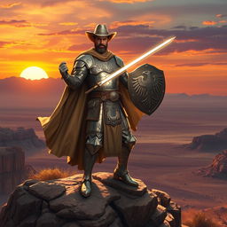 A heroic cowboy paladin standing tall atop a rocky cliff in a vast desert landscape, wearing a gleaming silver armor adorned with intricate engravings of mythical creatures, a wide-brimmed hat, and a long flowing cape that flaps in the wind