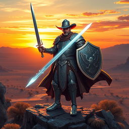 A heroic cowboy paladin standing tall atop a rocky cliff in a vast desert landscape, wearing a gleaming silver armor adorned with intricate engravings of mythical creatures, a wide-brimmed hat, and a long flowing cape that flaps in the wind