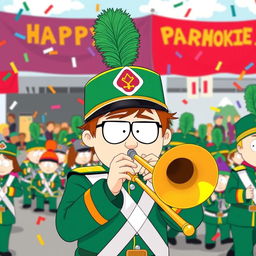 A lively and colorful illustration of Kyle Broflovski from South Park, wearing a marching band uniform and playing a trombone during a parade
