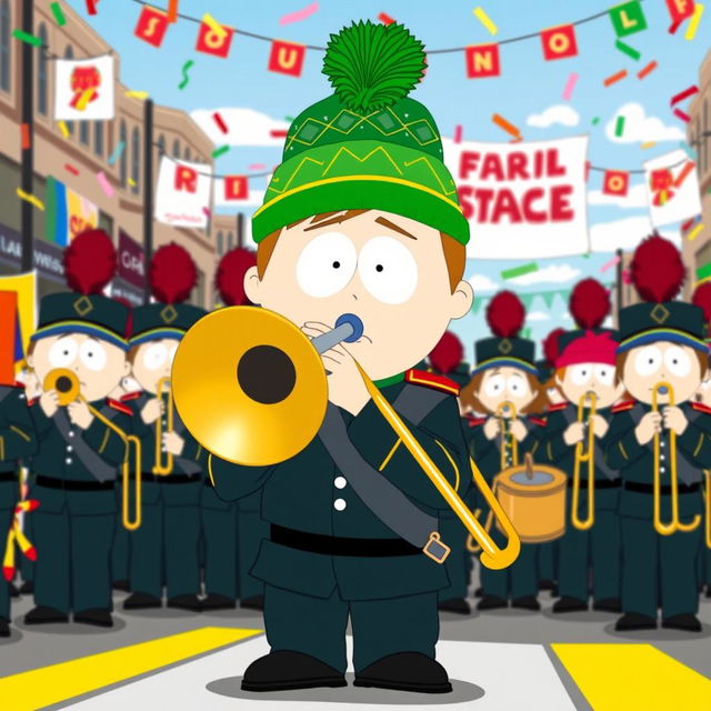 A lively and colorful illustration of Kyle Broflovski from South Park, wearing a marching band uniform and playing a trombone during a parade