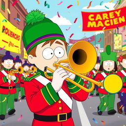 A lively and colorful illustration of Kyle Broflovski from South Park, wearing a marching band uniform and playing a trombone during a parade