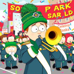 A lively and colorful illustration of Kyle Broflovski from South Park, wearing a marching band uniform and playing a trombone during a parade