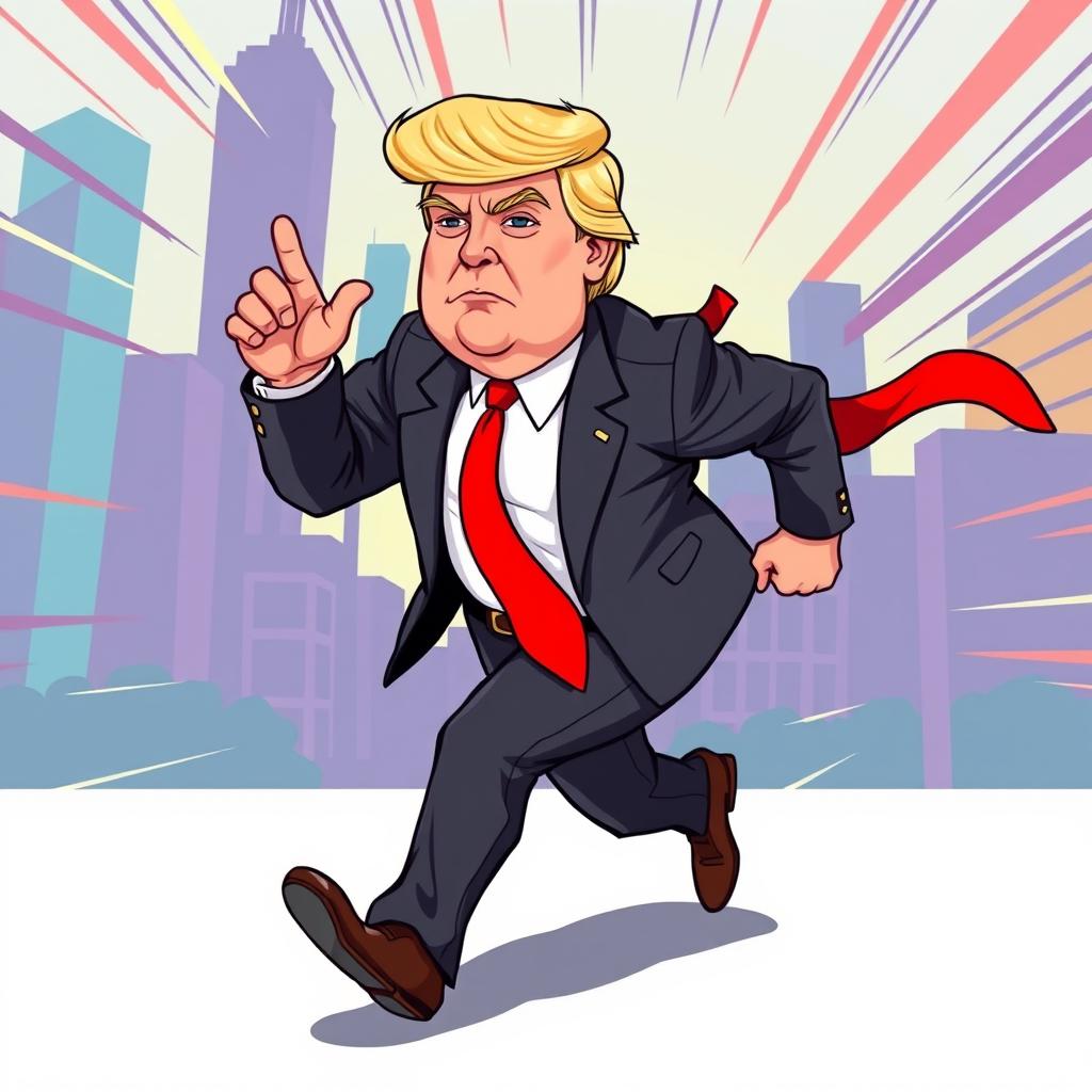 A full-body 2D vector illustration of Donald Trump in a dynamic running pose