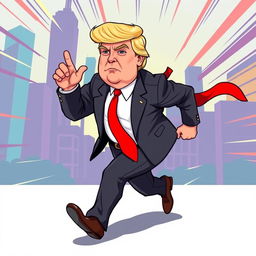 A full-body 2D vector illustration of Donald Trump in a dynamic running pose