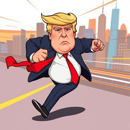 A full-body 2D vector illustration of Donald Trump in a dynamic running pose