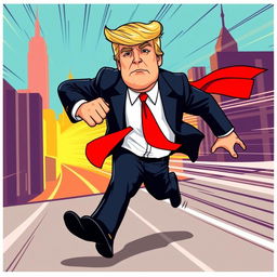 A full-body 2D vector illustration of Donald Trump in a dynamic running pose