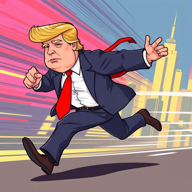 A full-body 2D vector illustration of Donald Trump in a dynamic running pose