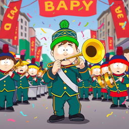 An energetic and colorful illustration of Kyle Broflovski from South Park, dressed in a marching band uniform and proudly playing a trombone during a lively parade