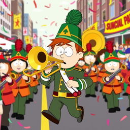An energetic and colorful illustration of Kyle Broflovski from South Park, dressed in a marching band uniform and proudly playing a trombone during a lively parade