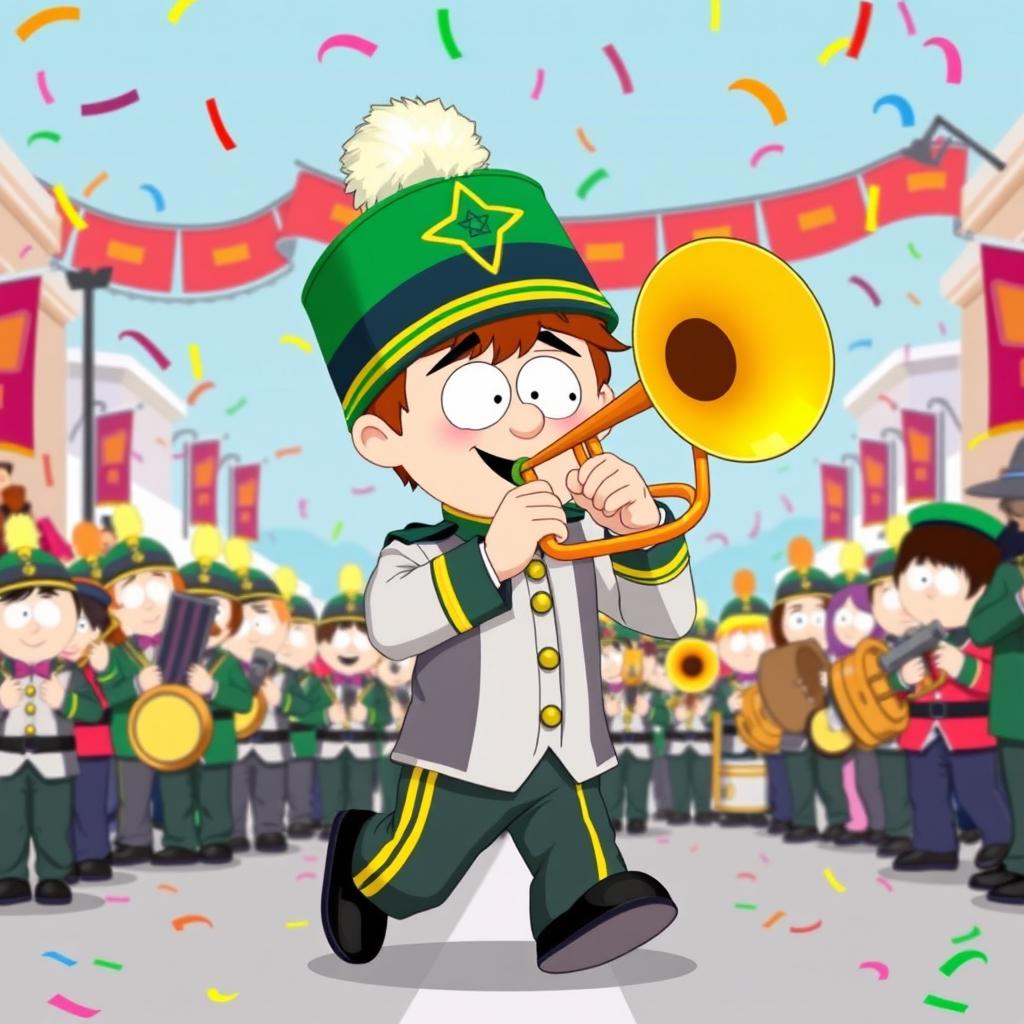 An energetic and colorful illustration of Kyle Broflovski from South Park, dressed in a marching band uniform and proudly playing a trombone during a lively parade