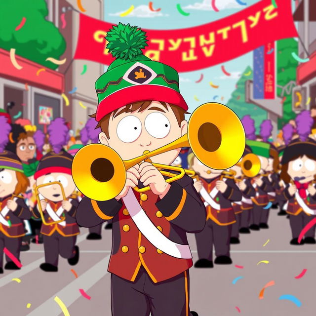 An energetic and colorful illustration of Kyle Broflovski from South Park, dressed in a marching band uniform and proudly playing a trombone during a lively parade