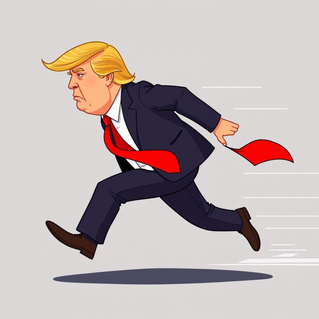 A full-body 2D vector illustration of Donald Trump running from a side view perspective