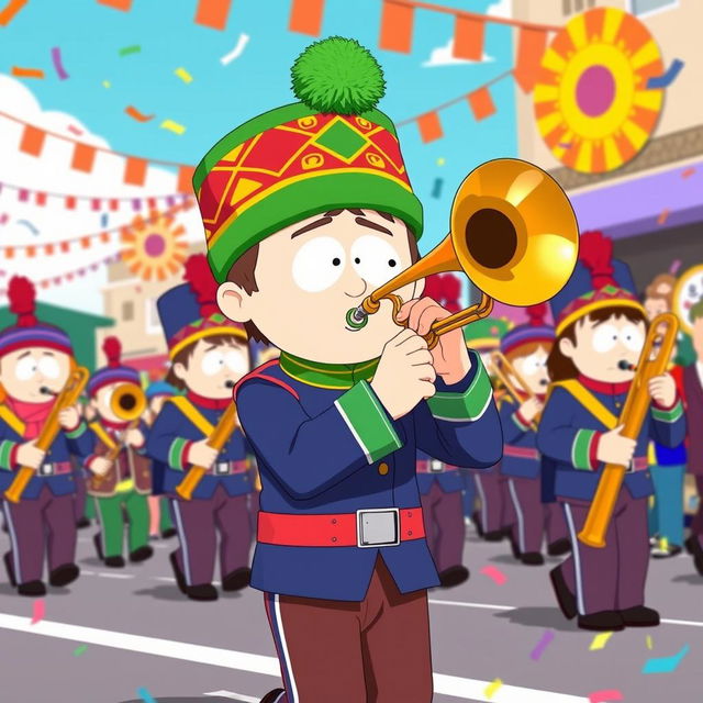 An animated scene featuring Kyle Broflovski from South Park, proudly playing a trombone as part of a lively marching band