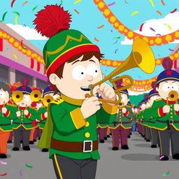 An animated scene featuring Kyle Broflovski from South Park, proudly playing a trombone as part of a lively marching band