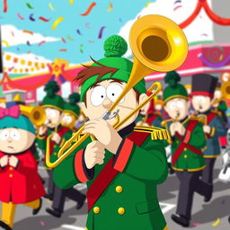 An animated scene featuring Kyle Broflovski from South Park, proudly playing a trombone as part of a lively marching band