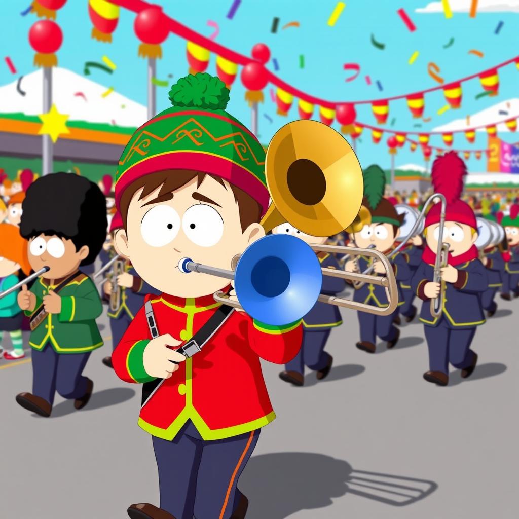 An animated scene featuring Kyle Broflovski from South Park, proudly playing a trombone as part of a lively marching band