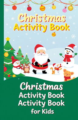 A festive and colorful cover for a children's activity book with a Christmas theme