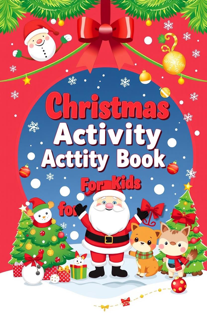 A festive and colorful cover for a children's activity book with a Christmas theme