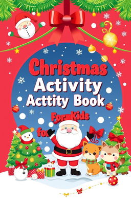 A festive and colorful cover for a children's activity book with a Christmas theme